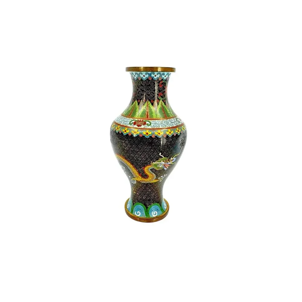 Chinese Cloisonné Floral Vase Double Dragon Black Enameled 6” Vintage Brass Edge